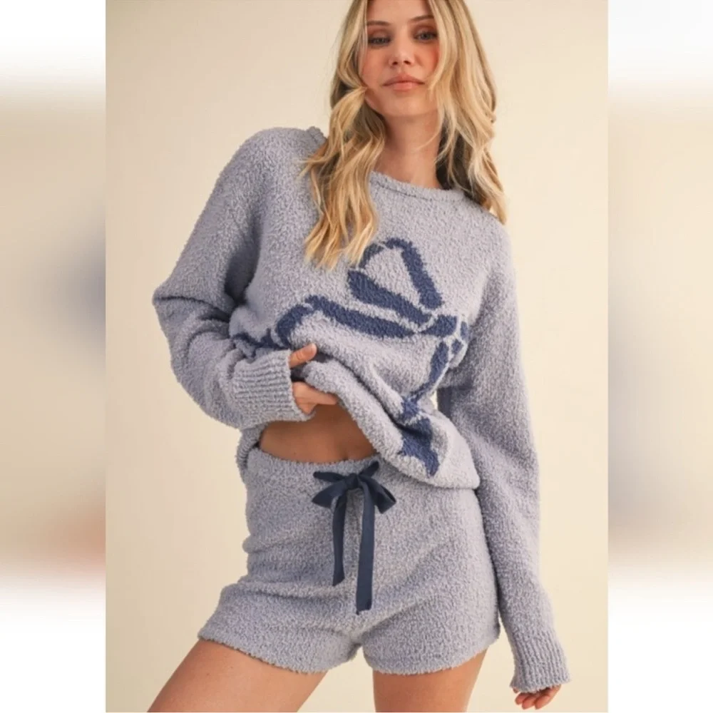 Klesis Bow Cozy Knit Lounge Set Blue Sweater Shorts Coquette NWT S - Picture 5 of 8